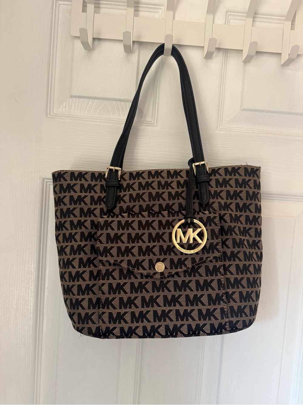 Michael Kors Jet Set Black & Tan MK Signature Monogram Pocket Tote Bag